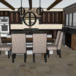 3D rendering of a dining room with a view into the kitchen, highlighting seamless flow and integrated design elements and custom materials as part of Denver Design Group's conceptualization services.