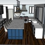 3D rendering of an open-concept dining room and kitchen with modern cabinetry and a large island as part of Denver Design Group's conceptualization services for interior design.