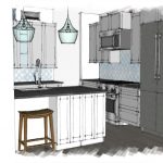 3D rendering of a modern kitchen design showcasing layout, cabinetry, and lighting as part of the conceptualization services offered by Denver Design Group