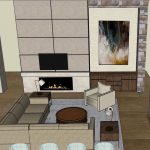 3D rendering of a spacious family room showcasing furniture placement and stone fireplace wall as part of Denver Design Group's conceptualization services.