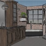 3D rendering of a bathroom featuring a large freestanding tub and an exposed brick wall, combining modern and rustic design elements as part of Denver Design Group's conceptualization services.