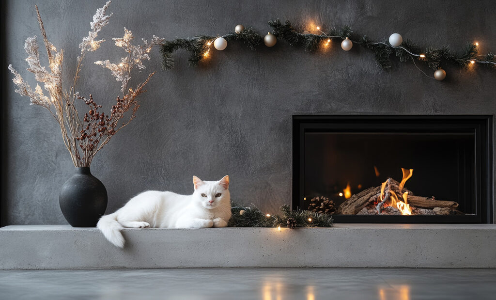 Fireplace mantle decorated with string lights, a garland, and a small vase for a warm, inviting glow