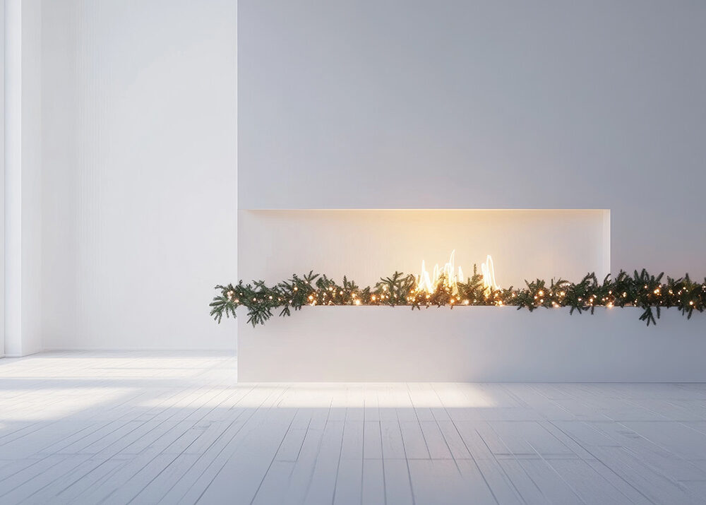 A white room with a fireplace and a white mantle. The fireplace is lit and surrounded by greenery. The room is empty and has a clean, minimalist look