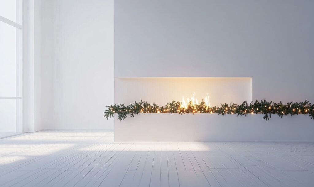 Minimalist fireplace mantle with a simple garland for a sleek, modern design