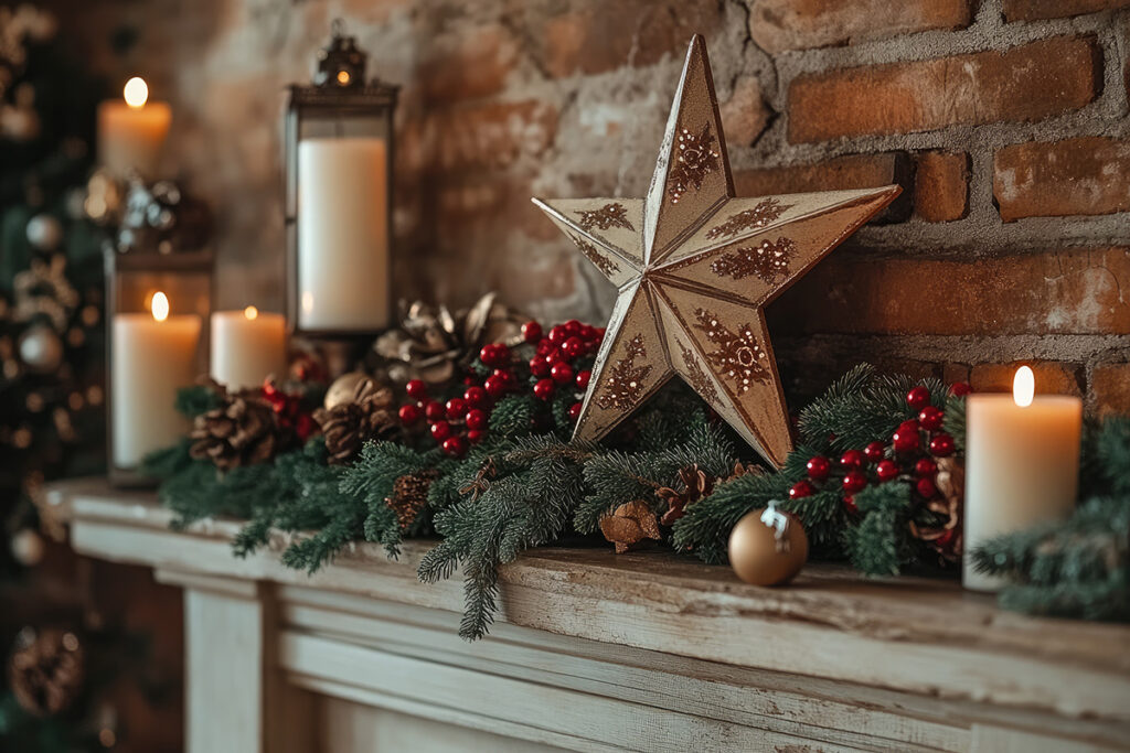 a cozy fireplace mantle with burning candles, pine branches, pine cones, and red berries, creating a warm holiday ambiance featuring gold, bronze, and copper accents for a warm, sophisticated glow