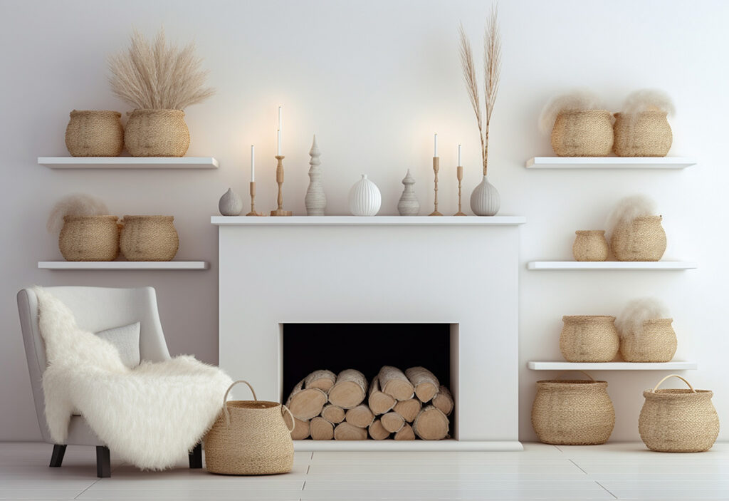 Fireplace mantle decorated with neutral and natural accents for a nature-inspired look