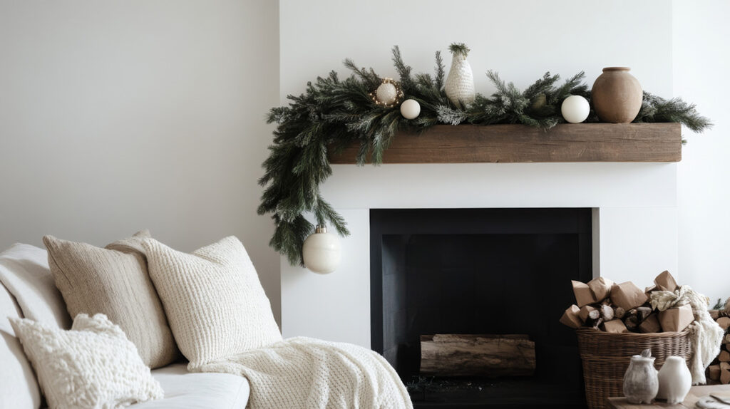 Layered fireplace mantle decor with candlesticks, garlands, and stacked frames for depth and dimension