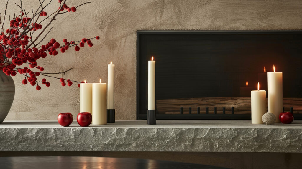 Asymmetrical fireplace mantle with candlesticks and decor, contrasted with an asymmetrical eclectic arrangement 