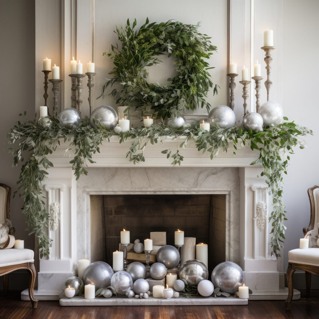 Layered mantle design with tall candelabras, candlesticks, oversized metallic ornaments, wreath, and various sizes of greenery for depth and visual interest