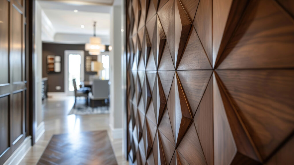 A hallway with a unique diamond-shaped wood grain feature wall making a bold statement in a traditional Colorado home remodel illustrating a 2025 design trend 