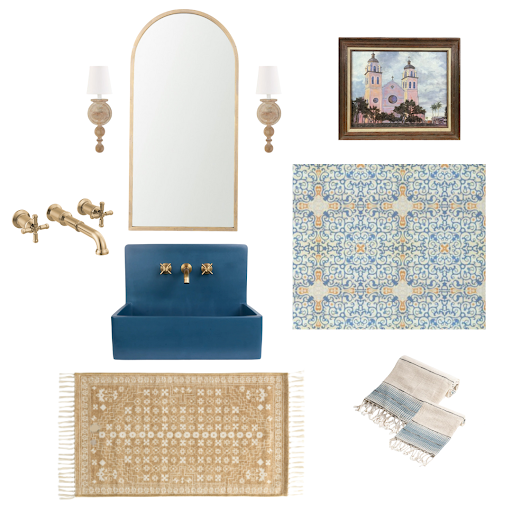 Design board for Spanish Revival powder room remodel in Denver featuring warm earthy tones, blue and orange tile wallpaper, and minimalist fixtures by Denver Design Group