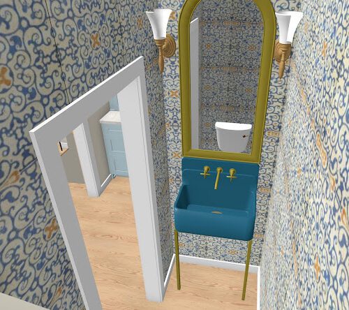 3D rendering of Spanish Revival inspired powder room remodel in Denver with blue concrete wall sink and Andalusian tile wallpaper by Denver Design Group