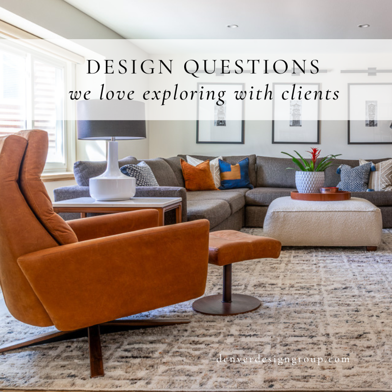 Contemporary LIttleton remodel by Denver Design Group living room with modern accent chair in burnt orange and L shaped couch