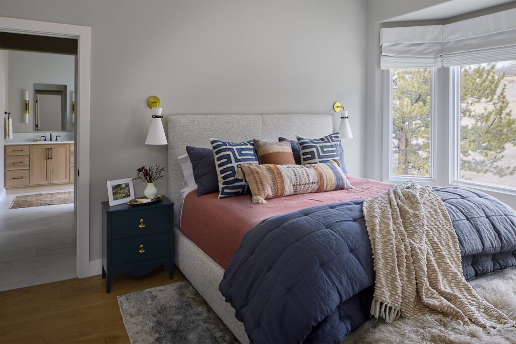 Littleton Master bedroom remodel with custom furniture, upholstery, and bedding, primary bath