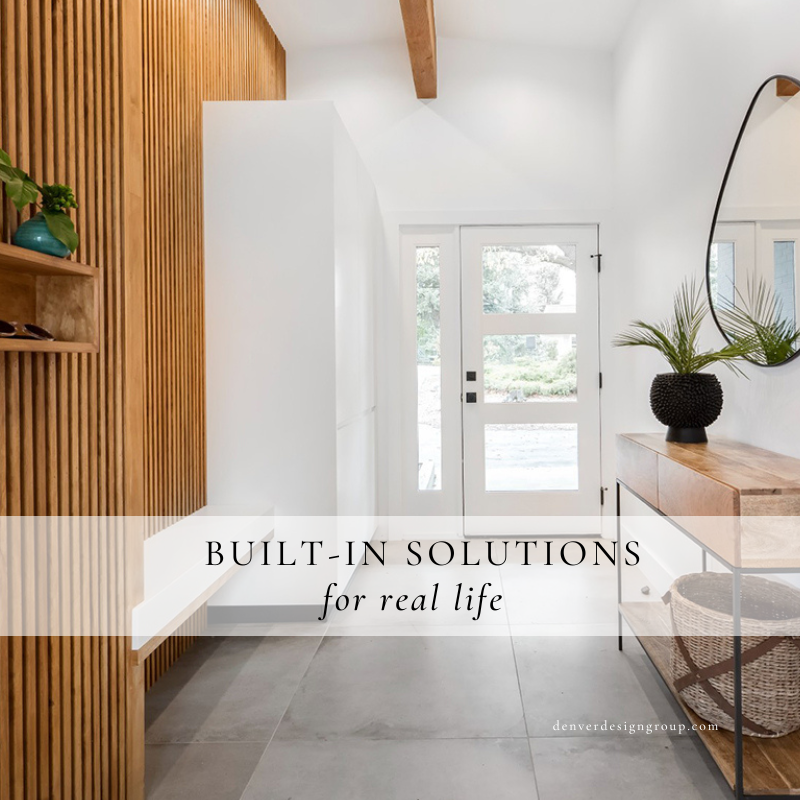 July blog built in solutions like laundry storage, cubbies, benches, charging stations in mudrooms to help organize and simplify life by Denver Design Group