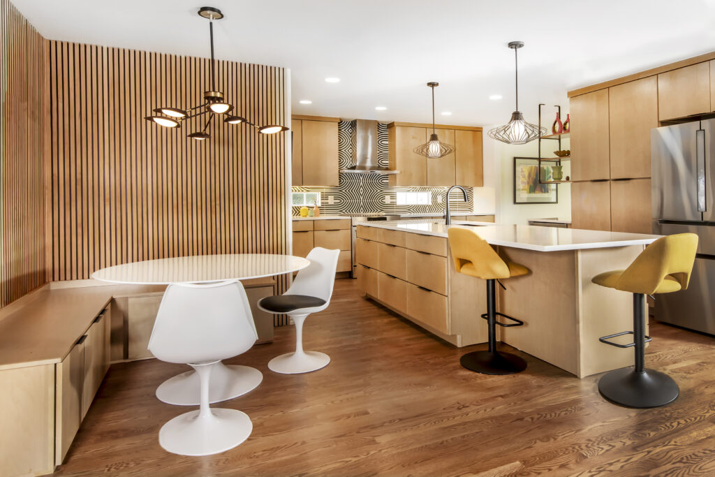 Denver mid-century modern kitchen remodel with redesigned island and storage drawers by Denver Design Group