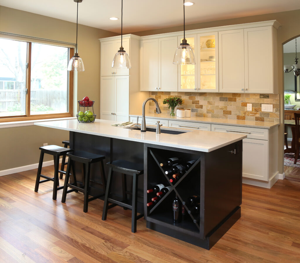 Lakewood Estates transitional kitchen remodel with large island seating for four and wine storage