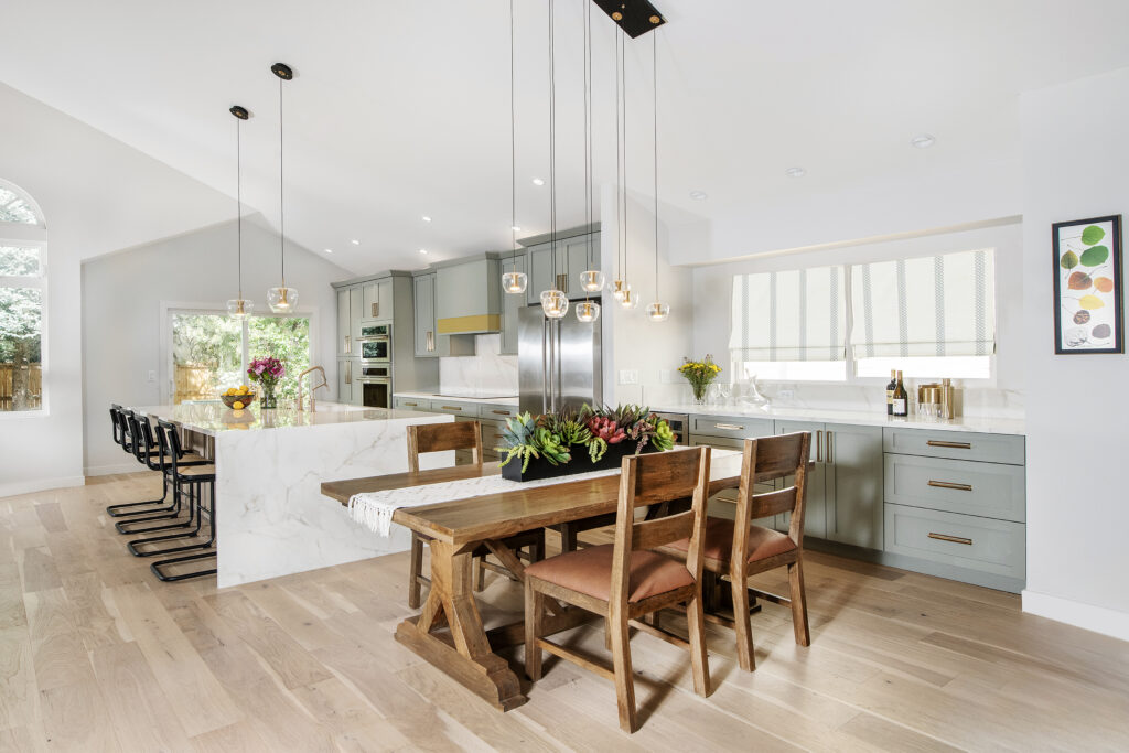 Littleton kitchen remodel with porcelain waterfall island countertop created by Denver Design Group