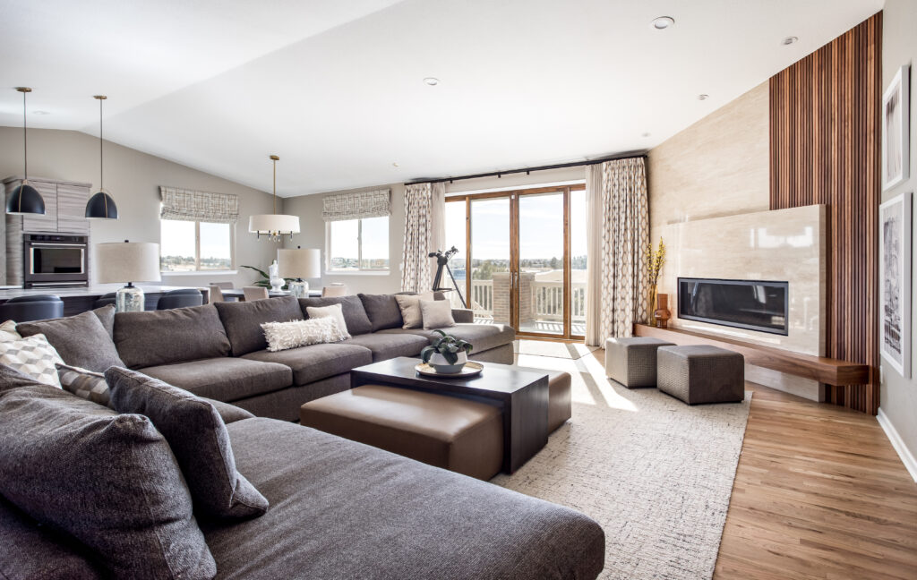 Aurora remodel contemporary family room with open concept and custom window treatments