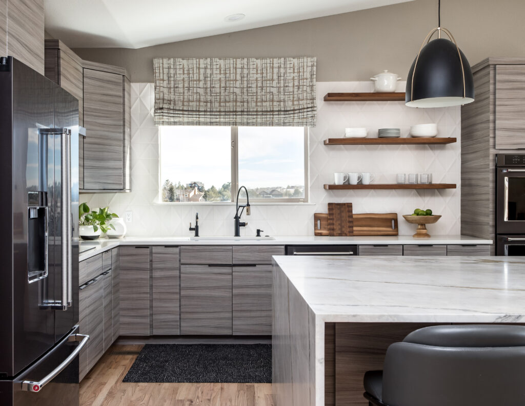 Dry Creek kitchen remodel modern contemporary with custom window treamtements by Denver Design Group