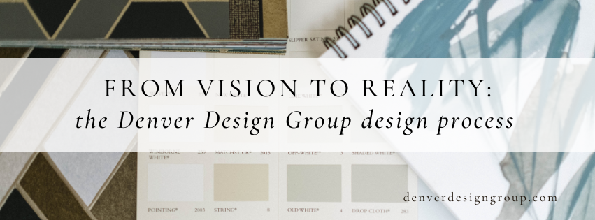 October Blog fabric swatches and mood board for interior design project by Denver Design Group with overlay of words From Vision to Reality Denver Design group interior design process