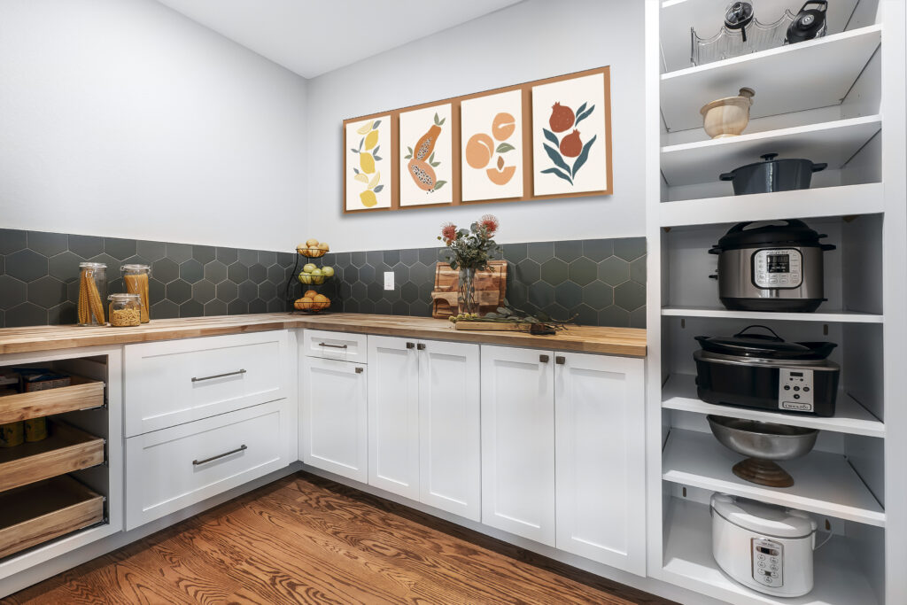 Connected living spaces in Denver main floor remodel including a butlers pantry with ample storage and dedicated spaces for appliances