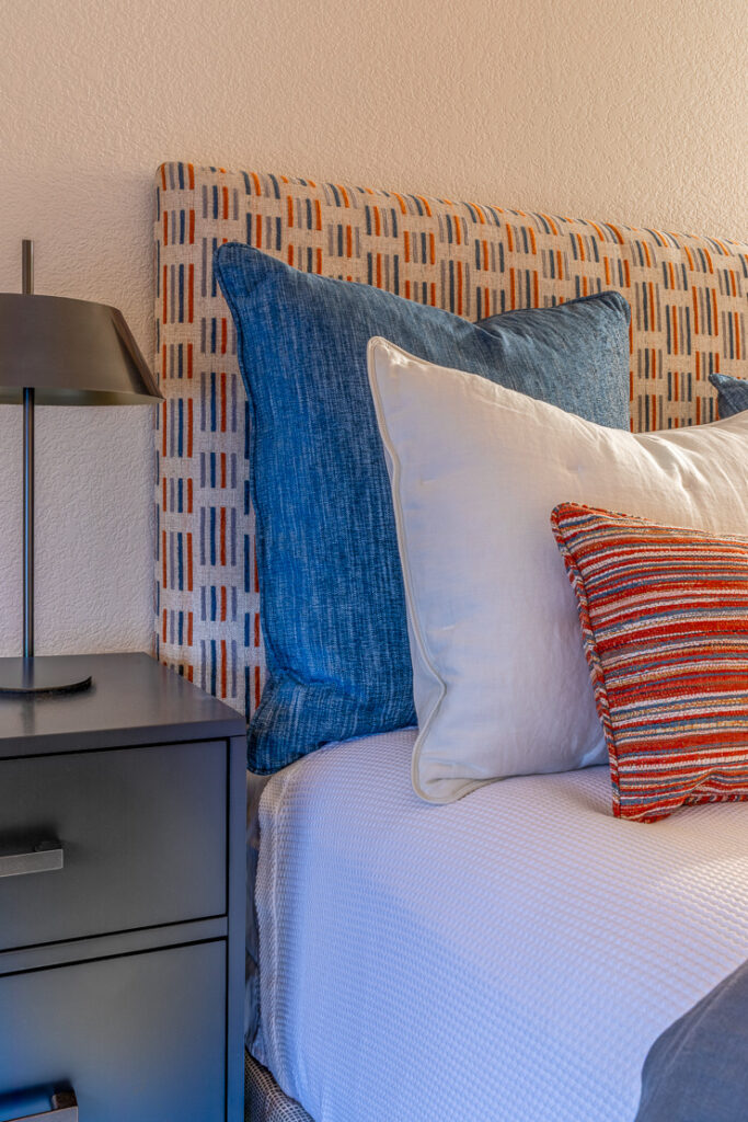 Custom upholstered guest bedroom headboard detail Lone Tree Colorado