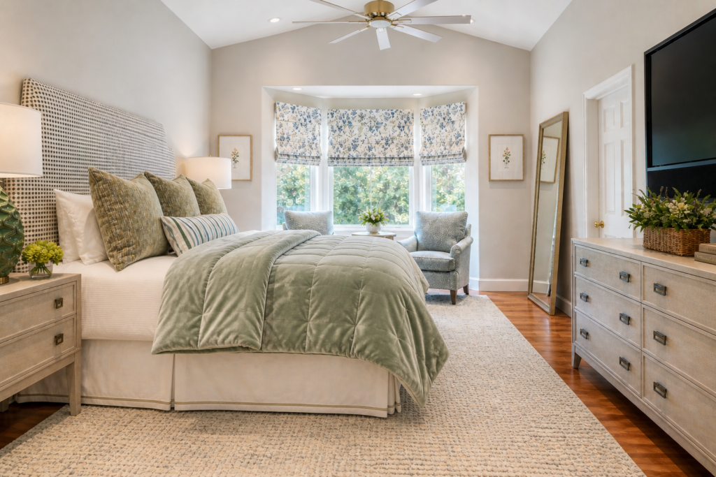 Primary bedroom with custom Massoud headboard and layered bedding Lone Tree Colorado Denver Design Group