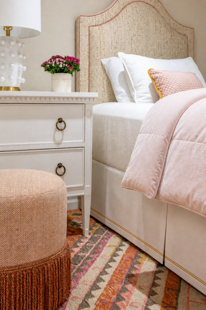 Guest bedroom with arched Massoud headboard and patterned runner Lone Tree Colorado