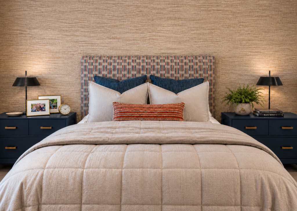 Guest bedroom with bold patterned Massoud headboard Lone Tree Colorado