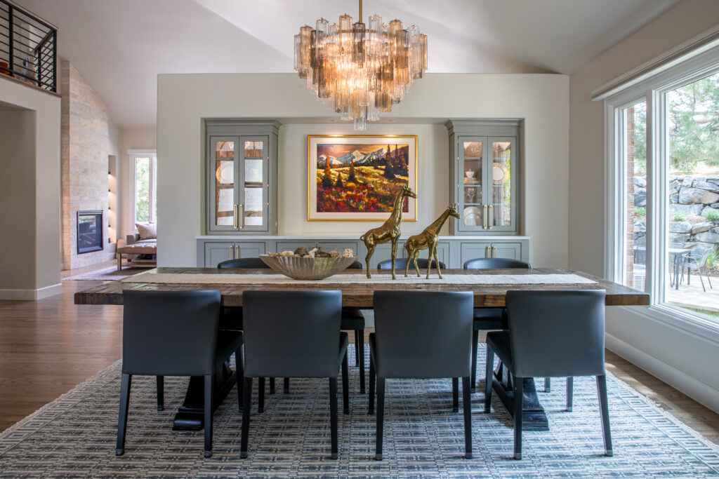 Formal dining room remodel with statement chandelier and custom furnishings Greenwood Village Colorado