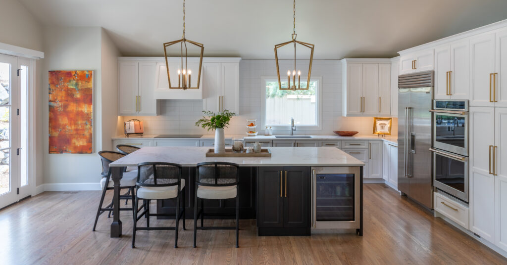 Kitchen and dining connection with opened upper wall and updated finishes Greenwood Village Colorado Denver Design Group