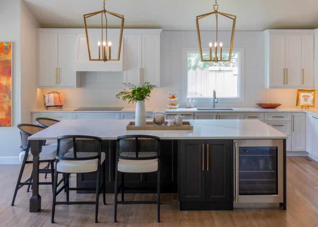 Kitchen island with seating and wine storage full home remodel Greenwood Village Colorado